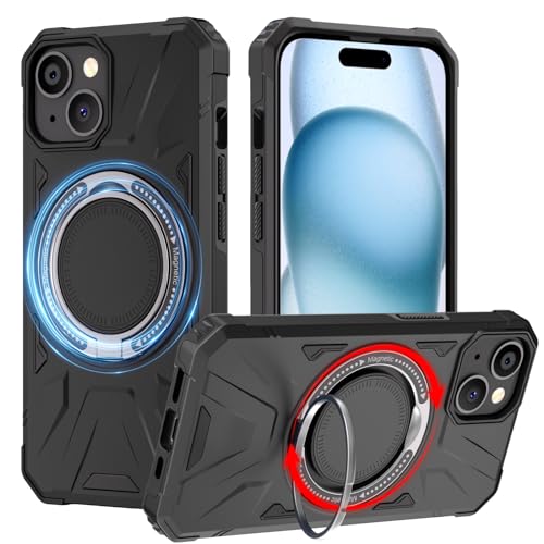 KSWOUS for iPhone 15 Plus Case Magnetic with Stand, [Compatible with MagSafe] Military Shockproof Cover Protective Rugged Phone Case, Built in 360° Rotatable Ring Kickstand, Black