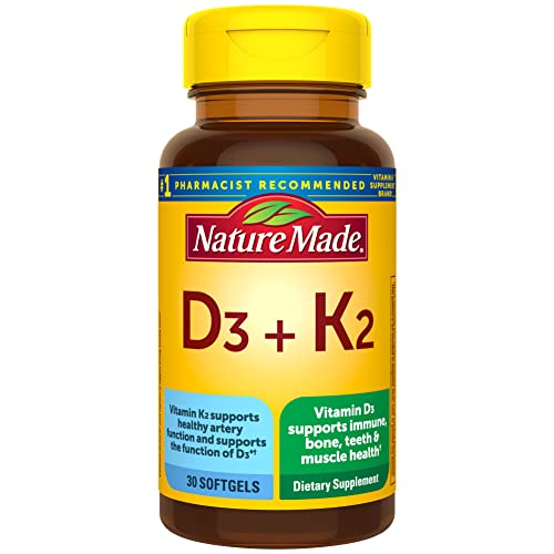 Nature Made Vitamin D3 K2, 5000 IU (125 mcg) Vitamin D, Dietary Supplement for Bone, Teeth, Muscle and Immune Health Support, 30 Softgels, 30 Day Supply