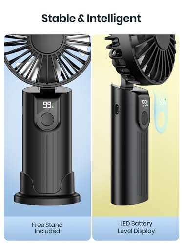 Warmco Portable Handheld Fan, 5000mAh Battery Operated Fan with LED Display, Hand Held/Neck/Desk 3 in 1 Small Personal Mini Fan 180° Foldable USB Rechargeable Fan for Travel,Outdoor,Home,Office,Makeup