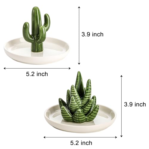 Elsjoy Set of 2 Aloe and Cactus Ring Holder Dish, Ceramic Plant Jewelry Dish Bracelet Earrings Necklace Organizer Tray, Decorative Succulent Trinket Dish for Wedding, Birthday Gifts, Home Decor