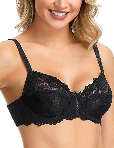 Wingslove Women's Sexy Lace Bra Non Padded Underwire Unlined Bra Full Coverage Plus Size Lace Bralette (Black, 36B)