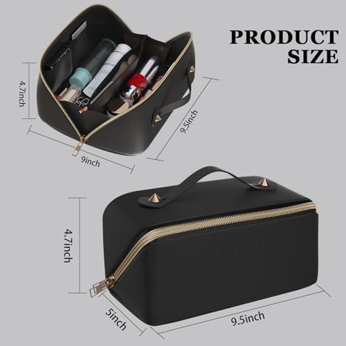 Ansook Cosmetic Bag, Travel Toiletry Bag for Women, Large Capacity Travel Makeup Organizer, Washable Make Up Bag (BLACK)