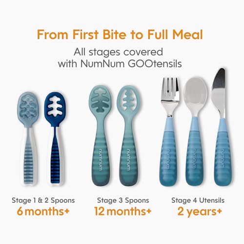 NumNum Toddler Utensils, Pre-Spoon, Fork & Spoon GOOtensils - 4th Stage Silverware Feeding Kids Aged 2+ Years w/Stainless Steel Heads - Silicone Food Feeding Supplies - Set of 2, Pacific Blue