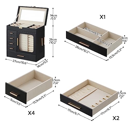 HOOBRO Jewelry Box with Mirror, Jewelry Organizer Box with Capacious Storage Space, Jewelry Holder Organizer, Hand-Held Jewelry Case, Glass Cover, Modern Style, Black and Light Gold BK06JB04G1