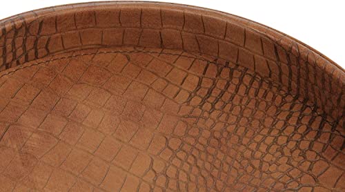 HofferRuffer Faux Leather Round Serving Tray, Vegan Croco Leather Decorative Tray, Food Tray for Storage Drinks, Snack & Cosmetics, Dia.12'' x 1.6'' (Antique Brown)