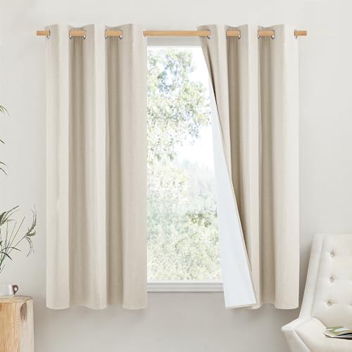 NICETOWN 100% Absolutely Blackout Linen Curtains with Thermal Insulated White Liner, Beige, 52" Wide by 48" Long, 2 Pieces, Anti-Rust Grommet Natural Burlap Fabric Window Drapes for Bedroom/Kids Room