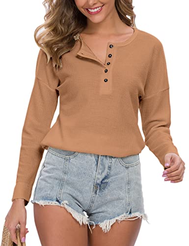 WNEEDU Women's Waffle Knit Tunic Tops Loose Long Sleeve Button Up V Neck Henley Shirts,Rose Red S