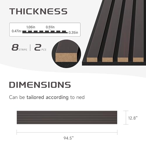 POHARE Wood Slat Wall Panels, 2 Pack 8 x 1 ft Decorative Wood Panels for Wall,Stylish Wall Panels for Interior Wall Decor, Modern Acoustic Wood Wall Panels with Felt Backing, Black-Brown Oak