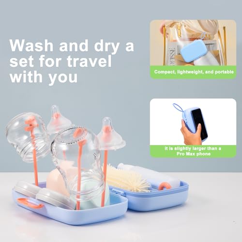 Suvast 7in1 Travel Bottle Cleaner kit with Baby Bottle Brush and Bottle Drying Rack,Swift Cleaning, Easy Portability(Blue)