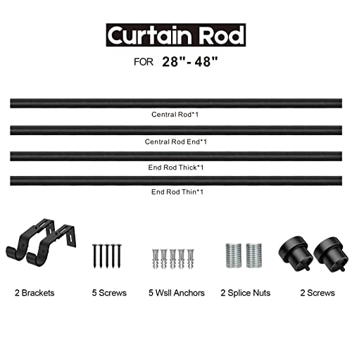 Briofox Black Curtain Rods for Windows 28 To 48 Inch-1 Inch Heavy Duty Adjustable Curtain Rod With Modern Decortive End Cap Finials WIth Brackets【NOT TENSION ROD】