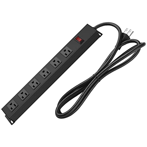 Metal Wall Mount Power Strip, Mountable Power Outlet with 6 AC Outlets, Aluminum Alloy Mount Power Socket with Switch, 3 FT SJT 3/C 14AWG Power Cord, 15A 125V 1875W (6AC) Black