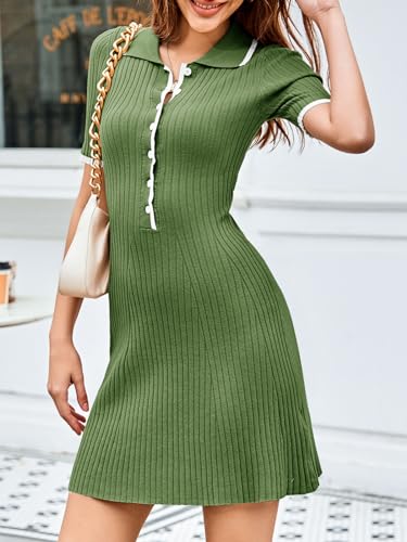 Saodimallsu Womens V Neck Short Sleeve Slim Fit Bodycon Sweater Dress Button Up Ribbed Knit Mini Summer Dresses Army Green