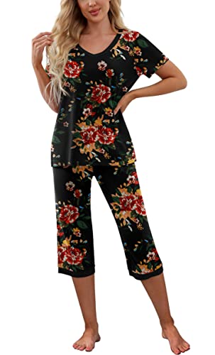 PrinStory Women's Pajama Set Short Sleeve Shirt and Capri Pants Sleepwear Pjs Sets with Pockets Dot-Navy Blue-Medium