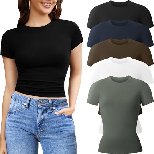 CE' CERDR 5 Pack Womens T Shirts Crew Neck Short Sleeve Shirts for Women Casual Basic Fitted Stretchy Tee Tops