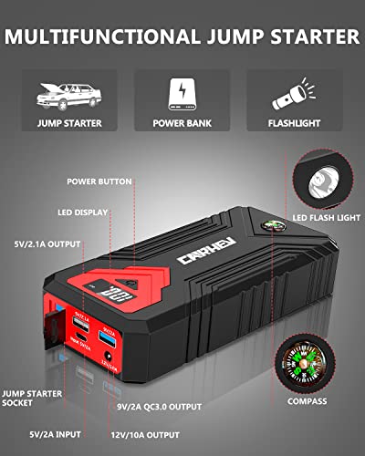 CARHEV 3000A Jump Starter, 24000mAh Car Battery Jump Starter (up to 8.0L Gas and 8.0L Diesel Engine) Battery Jumper Starter Portable, 12V Car Jumper Starter Portable with LED Light and USB QC 3.0