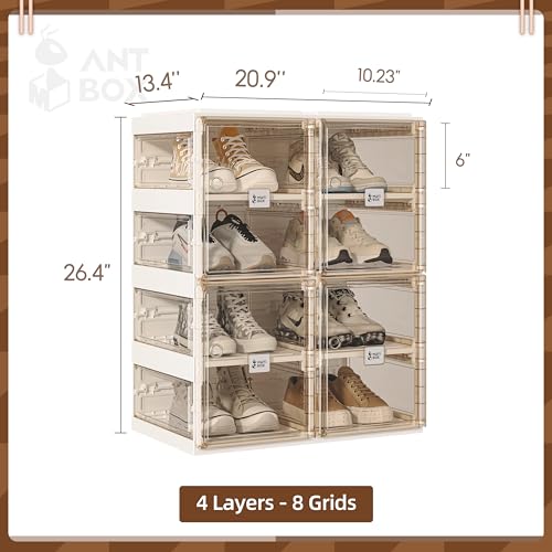 ANTBOX Foldable Shoe Rack,Shoe Organizers for Closet Plastic Shoe Storage Box For Entryway,Living Room,Large Sturdy Stackable Sneaker Cabinet Bins With Magnetic Clear Door 4 Tiers 8 Pairs