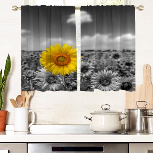 AAtter Sunflower Window Curtains for Kitchen Yellow and Grey Floral Flower Rustic Black Small Short Home Living Room Bedroom Bathroom Drapes Treatment Tiers Fabric 1 Pair, 27.5" W x 39" L, Nature
