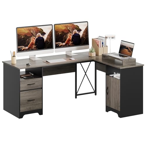 Bestier L Shaped Desk with File Drawers, 63" x 47" Office Computer Desk with Storage Cabinet, Corner Desk with Monitor Stand & Modesty Panel for Home Office, Cherry