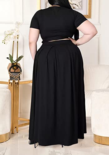 Womens Sexy Plus Size 2 Piece Dress Outfits Short Sleeve Bandage Wrap Empire Crop Tops and Skirt Sets-Black
