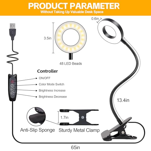 Foneso Desk Lamp Clip on Light, 48 LED USB Lamp with 3 Color Modes 10 Brightness Levels, 360° Flexible Gooseneck Eye Protection Bed Night Light for Reading, Makeup, Craft (Black)