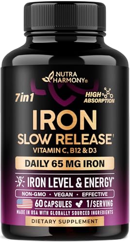Iron Supplement for Women - Iron 65mg (Ferrous Sulfate 325mg) - Stomach Friendly | Slow Release Iron | High Absorption - Vitamins C, D3, B6, B12 & Folate - Iron Level & Energy Support - 60 Capsules