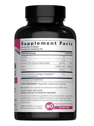 NeoCell Super Collagen With Vitamin C and Biotin, Skin, Hair and Nails Supplement, Includes Antioxidants, Tablet, 180 Count, 1 Bottle