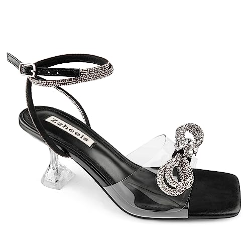 Zzheels Bow Heels Crystal Chunky Sandals Rhinestone Slingback Heels Square Toe for Party Dating Black US10.5