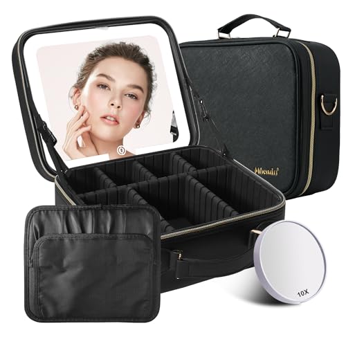 Mocado Travel Makeup Bag with LED Lighted Mirror,Travel Makeup Organizer,Makeup Case with 3 Color Lighted Setting and 10x Magnifying Mirror,Portable Storage and Adjustable Dividers Makeup Box(Black)