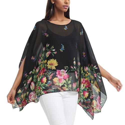 Max Hsuan Women's Loose Solid Sheer Chiffon Caftan Poncho Batwing Tunic Top Blouse Summer Oversized Shirts Floral White