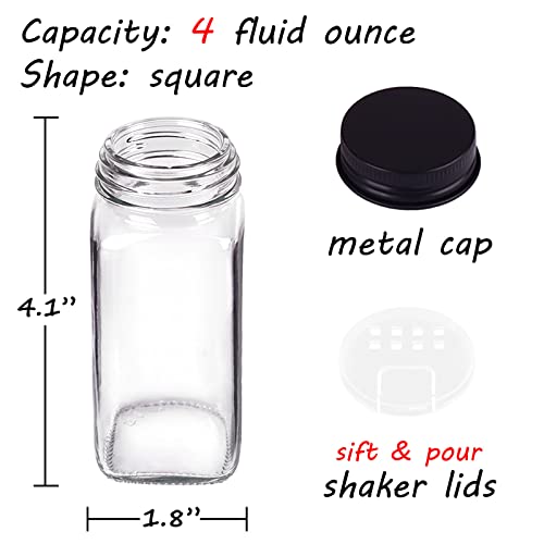 Churboro 25 Spice Jars with 547 Labels- Glass Spice Jars with Black Metal Caps, 4oz Empty Spice Containers with Shaker Lids, Funnel, Chalk Pen, Square Seasoning Bottles for Spice Rack, Drawer, Cabinet