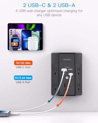Multi Plug Outlet, Surge Protector, 5 Outlet Extender with 4 USB Charging Ports (2 USB C), USB Wall Charger, 3-Sided 1800J Power Strip Outlets Splitter Wall Plug Adapter Spaced for Home Office, Black