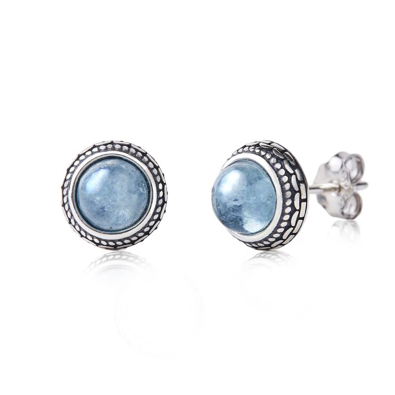 Small Genuine Blue Aquamarine 925 Sterling Silver Hypoallergenic Studs Earrings Jewelry for Women Dainty Trendy Antiqued Silver March Birthstone Earrings Jewelry Gifts for Women Young Lady