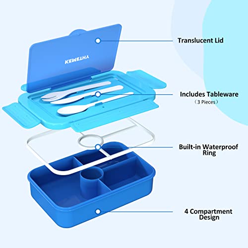 Bento Lunch Box for Kids, 4 Compartment Lunch Boxes Kids, Cutlery Storage Built-in Utensil Set, Leak-proof, Thicken, Microwave/Dishwasher/Freezer Safe, BPA-Free, Blue