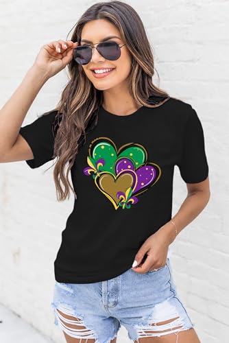 MAIHUN Happy Mardi Gras Shirt Womens Mardi Gras Day Heart Tshirt Tuesday Carnival Tee New Orleans Party Short Sleeve Black