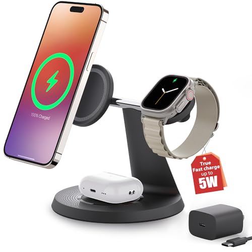 3 in 1 Wireless Charging Station for Apple Device: Fast Charging Station for iPhone and Watch with MagSafe, Stable Charger Stand for iPhone 12-15 & iWatch & AirPods