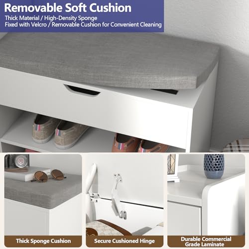 Loomie Shoe Storage Bench, 2-Tier Farmhouse Entryway Bench with Lift Top Storage Box, Drawer & Soft Removable Seat Cushion, Silm Shoe Rack with Shoe Cabinet for Entryway, Hallway, Bedroom, White