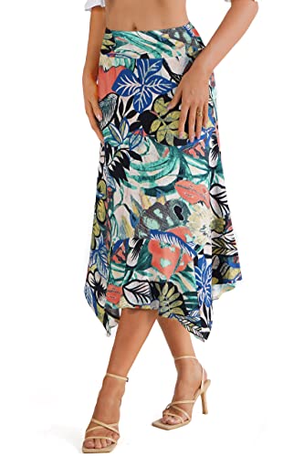 DJT Women's High Elastic Flat Waist Handkerchief Hem Flowy Flared Casual Midi Skirt Black S