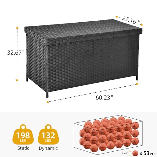 DWVO 170 Gallon Outdoor Storage Box, Weatherproof Wicker Deck Box, XL Outside Storage Container for Patio Furniture, Cushions, Pool Storage and Garden Tools (Black)