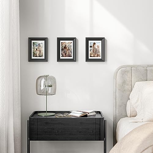 SONGMICS 5x7 Picture Frames with 6 Mats for Wall, Set of 3, Collage Photo Frames for 5x7, 4x6, 3.5x5 Pictures, Hanging or Table Display, Glass Front, 5 Non-Trace Nails, Ash Black URPF045B01