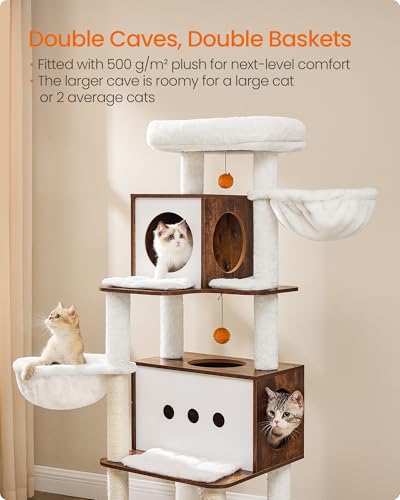 Feandrea Cat Tree, 64.5-Inch Tall Modern Cat Tower for Large Indoor Cats, Multi-Level Cat Condo with 2 Caves, 2 Hammocks, 4 Scratching Posts, Self-Groomer, Tunnel, Perch, Rustic Brown UPCT167K01