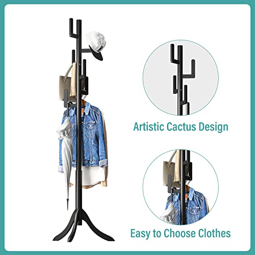 Vriccc Black Coat Rack Freestanding, Bamboo Cactus Coat Tree, Adjustable Height Wooden Coat Stand with 6 Hooks, kids coat rack, Used In The Bedroom Living Room, Office To Hang Clothes, Hats, Bags