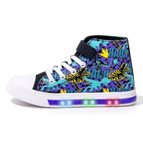 EUXTERPA Kids Toddler Sneakers Light Up Flashing Shoes Boys Easy Fasten High Top Walking Canvas Sneaker Dinosaur Size 7