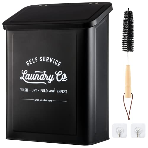 MONJITA Magnetic Lint Bin for Laundry Room, Wall Mounted Lint Trash Can with Lid for Dryer, Laundry Room Organization and Storage with Brush(Black)