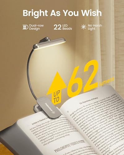 Glocusent Rotatable Book Light for Reading in Bed, 22LEDs Dual-Row Design with Timer, Stepless Dimming & Color Adjustment, 1000mAh Rechargeable Reading Light for up to 100hrs, Gray