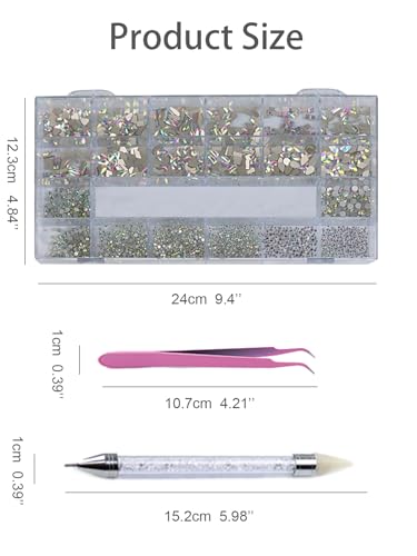 AMLAVIFISH 6080PCS AB Rhinestones for Nails, Nail Gems with Special-Shaped Diamonds, 3D Decorations Flat Back Stones Gems Set, Acrylic Nail Mix Sizes Nail Charms(Picking Pen&Tweezers Included)