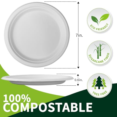 150 Pieces 100% Compostable Paper Plates (White 7inch) Heavy Duty Disposable Plates Eco Plates Made of Sugarcane Fiber Biodegradable Plates for Everyday Dinner, Party, Barbecue