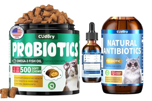 Digestive & Gut Support for Cats - Cat Probiotics Tasty Chews + Herbal Cat Antibiotics Supplement- Healthy Skin, Coat, Gut Support for Cats Supplements & Prebiotics