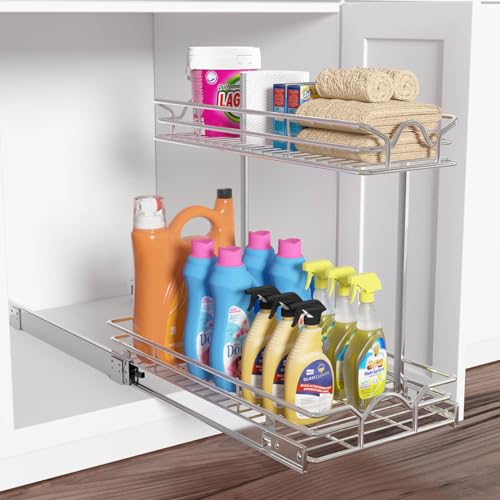 OCG Under Sink Cabinet Organizer Two Tier Pull Out Shelf (11.75W x 17D), Under Sink Sliding Shelf for Kitchen Bathroom Cabinet 2 Tier Chrome