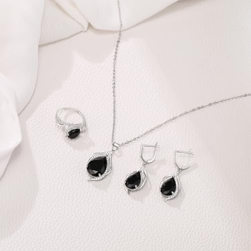 EleQueen Bridal Wedding Jewelry Sets for Bride Bridesmaid, Cubic Zirconia Silver-Tone Teardrop Crystal Pendant Necklace Dangle Earrings Open Rings Set Black Silver-Tone