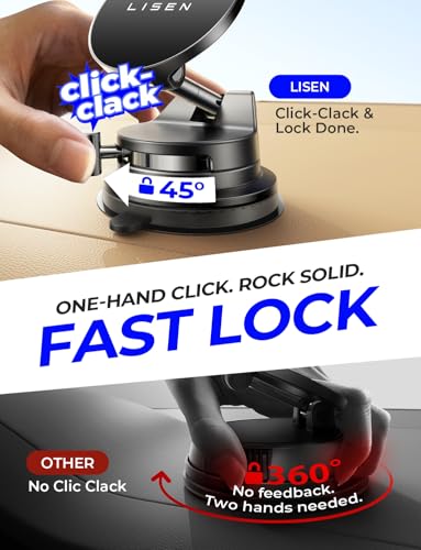LISEN 15W Magsafe Car Mount Charger，[Lever Lock] Suction Cup Phone Mount,360° Vacuum Magnetic Car Phone Holder Charger Wireless for iPhone 17 Pro Max Air 16-12,Pixel 10,Samsung with MagSafe Case